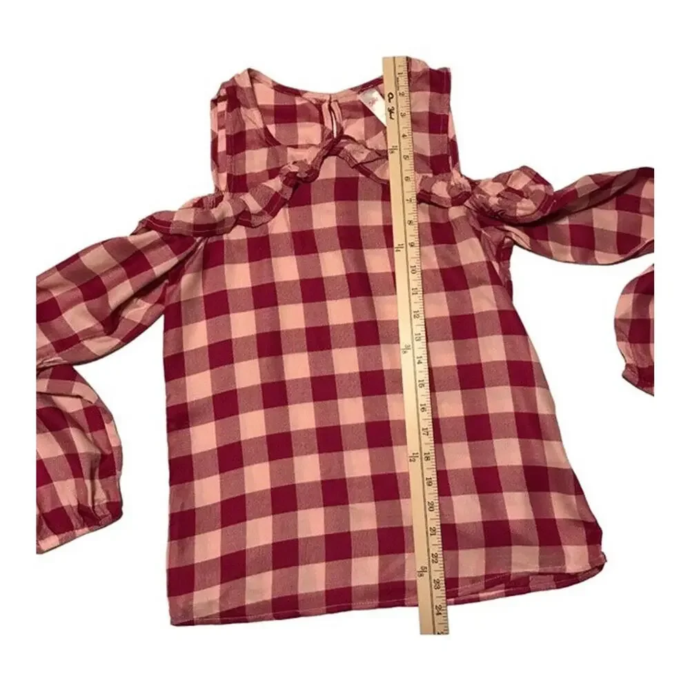 Western Gingham Plaid Cold Shoulder Long Sleeve Blouse Pink Girls Size 14